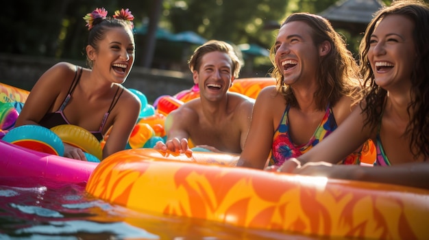 a group of friends laughing and splashing in a pool with brightly colored floats and drinks in hand