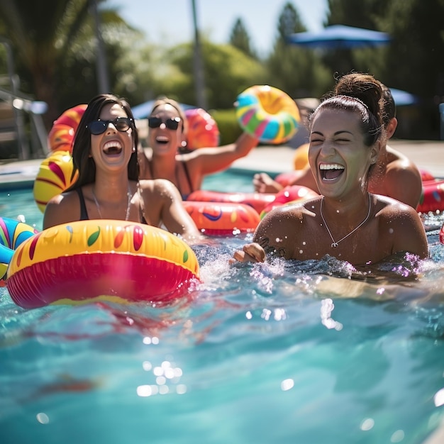 a group of friends laughing and splashing in a pool with brightly colored floats and drinks in hand