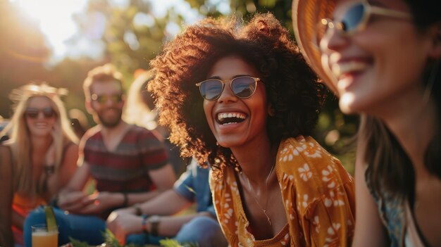 Photo group of friends laughing together while enjoying a picnic in the park surrounded by sunshine and positive vibes