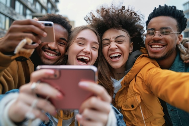 Photo a group of friends laughs together while taking se generative ai