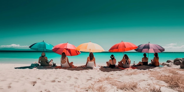 Группа друзей, отдыхающих на пляже с разноцветными зонтиками и чистой голубой водой на заднем плане Генеративный ИИ