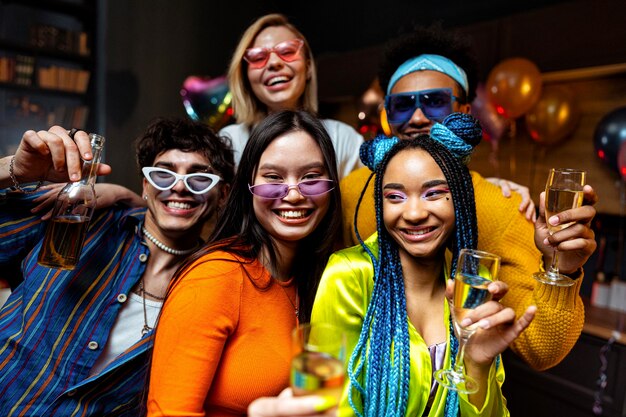 Group of friends making party at home on new year evening