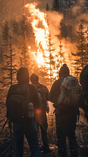 Photo group of friends observing a massive wildfire in pine forest