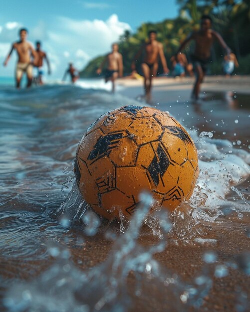 Photo a group of friends playing beach soccer wallpaper