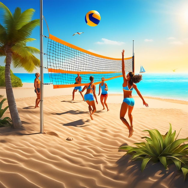 a group of friends playing beach volleyball on a sandy shore with crystal clear water and blue skies