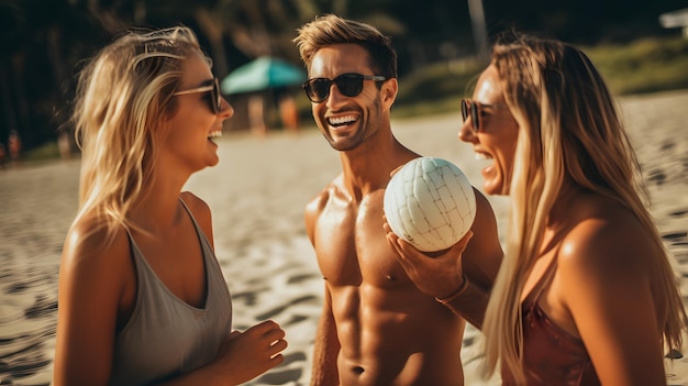 Group of friends playing beach volleyball with smiles and laughter