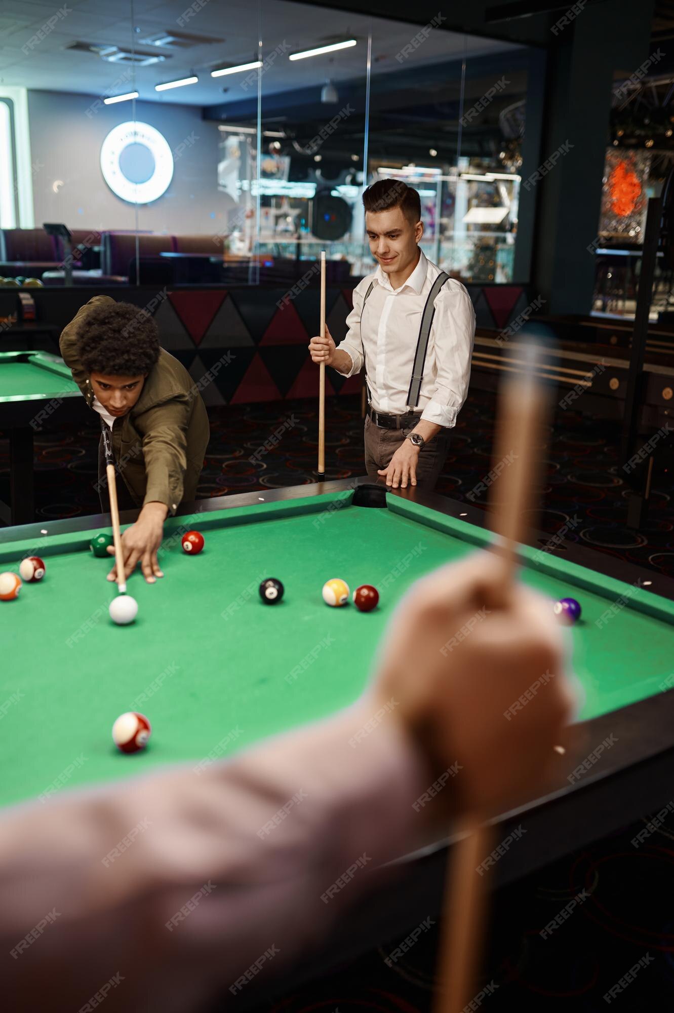 Group Young Cheerful Friends Playing Billiards Funny Time Work Stock Photo  by ©Romaset 316360520