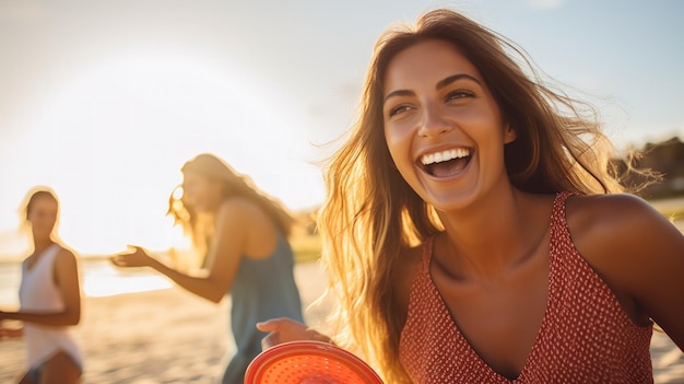 Group of friends playing Frisbee on the beach