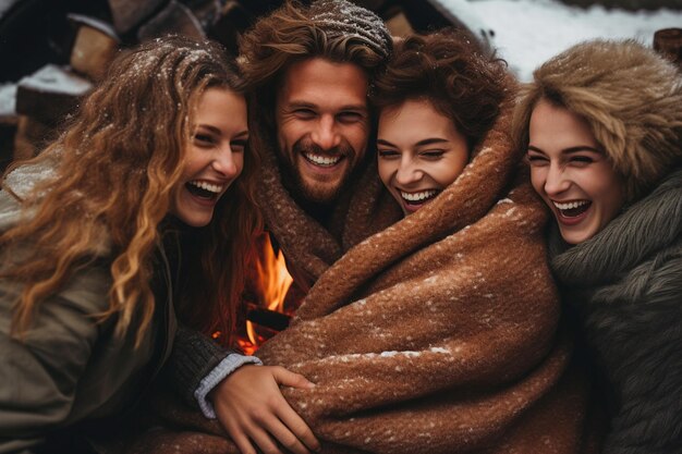 Photo group of friends playing guitar and singing around the fire