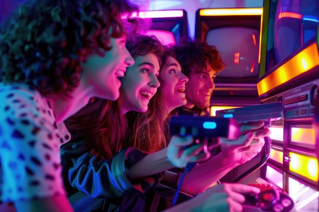 Группа друзей играет в видеоигры на ретро-консоли в окружении VHS-кассет и неоновых огней