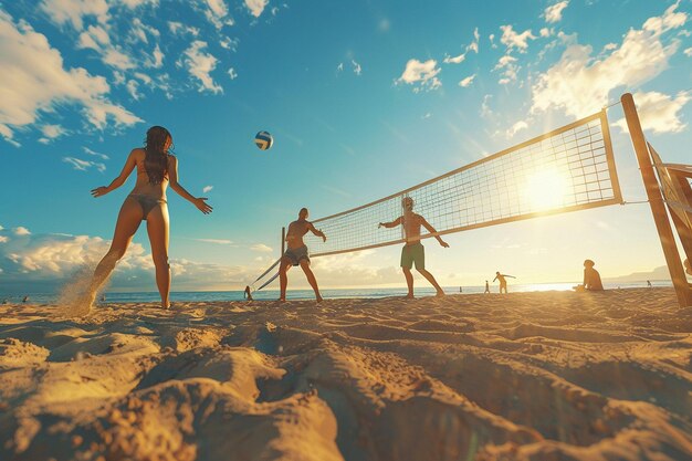 A group of friends playing volleyball on the beach