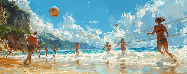 Photo a group of friends playing volleyball wallpaper