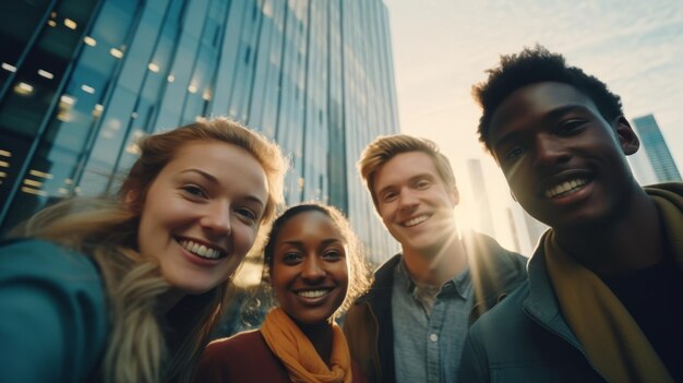 Group of friends pose happily on a city street with plazas