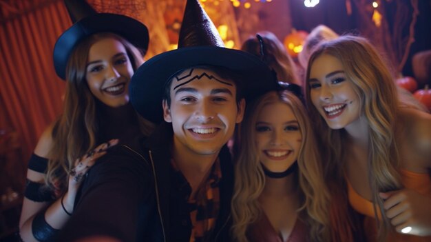 a group of friends pose for a photo with a man wearing a witch hat.