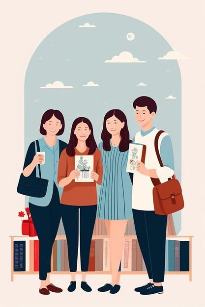 Photo group of friends posing for photo with books and bag illustration