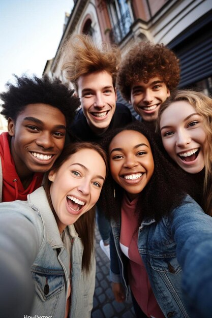 Foto un gruppo di amici che posano per una foto con uno di loro che mostra un uomo con una donna che indossa una camicia rossa e le altre persone stanno sorridendo