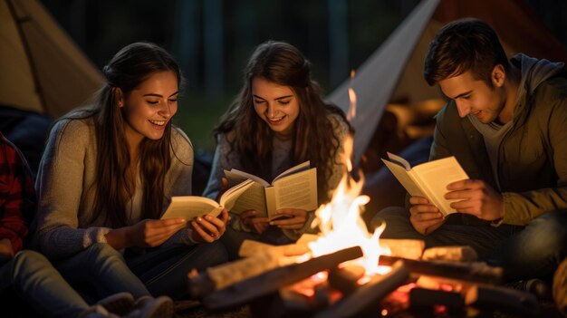 Группа друзей читает книгу во время кемпинга в палатке в сельской местности