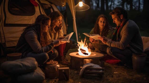 Group of friends read a book while camping in a tent in the countryside