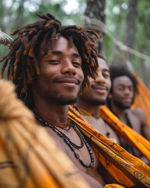 Photo a group of friends relaxing hammocks wallpaper