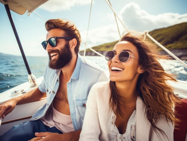 Group of friends relaxing on luxury yacht Having fun together while sailing in the sea