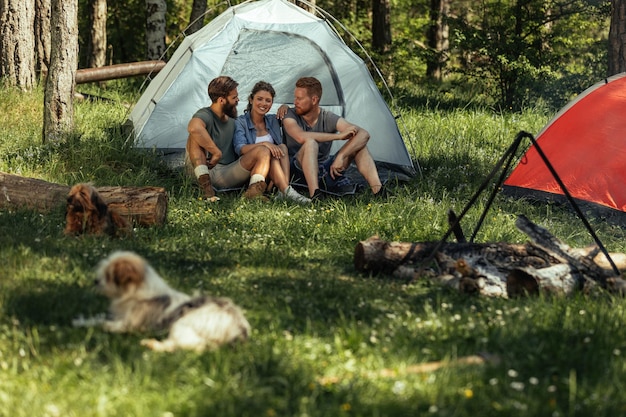 Group of friends resting on the campsite in the woods