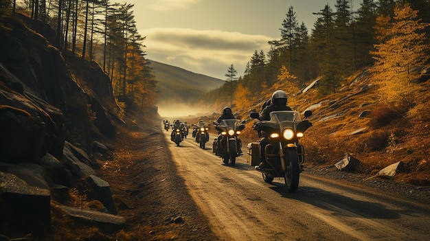 Group of friends riding motorcycles in the fall in Canada