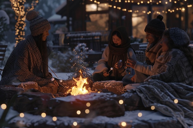 Group of friends roasting marshmallows over a crac