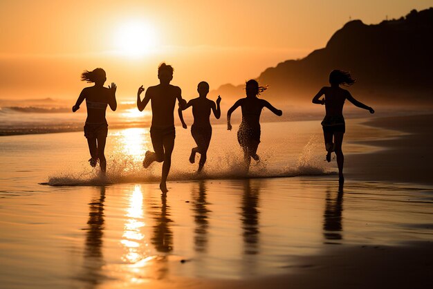 Group of friends running on the beach at sunset Concept of healthy lifestyle and active vacations Generative AI