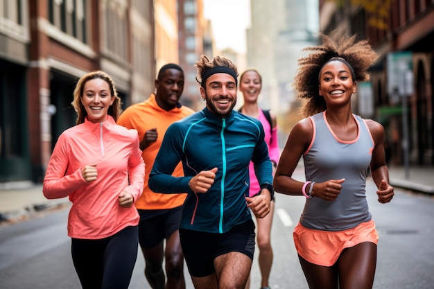 Photo a group of friends running through city streets created with generative ai technology