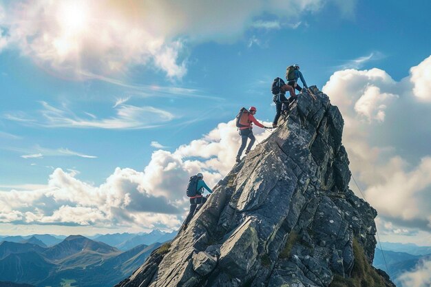 友達のグループが岩の頂上を登っている