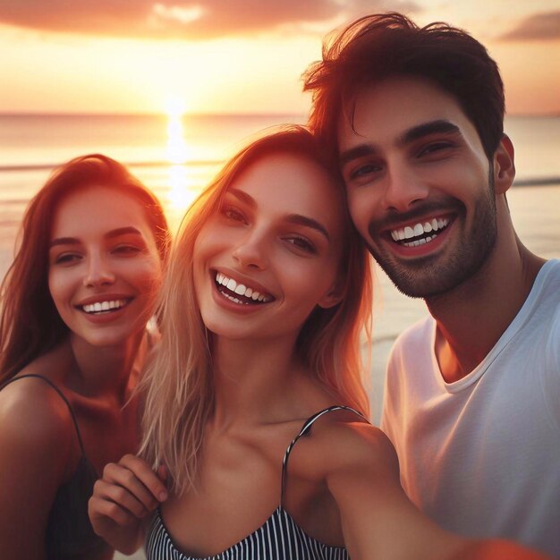 Photo group of friends selfie in the beach