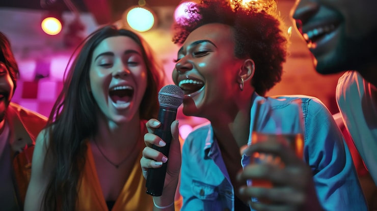 Photo a group of friends sing karaoke together at a party laughing and having a good time