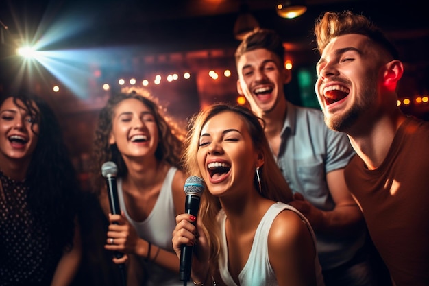 Group of friends singing in a karaoke bar with a microphone