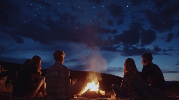 Photo a group of friends sit around a bonfire backs turned towards the camera as they share stories and