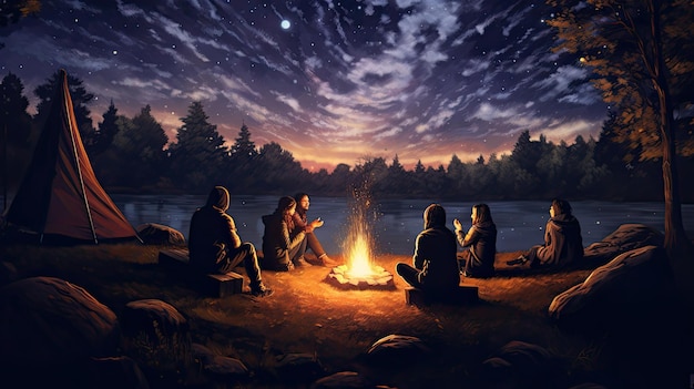 a group of friends sit around a campfire, which is lit up by a lake.