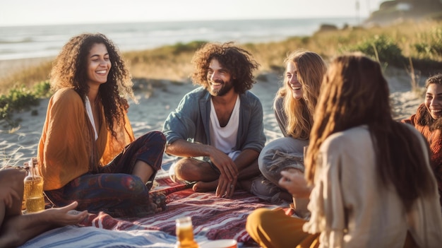 A group of friends sit on a blanket on the beach, talking and laughing.