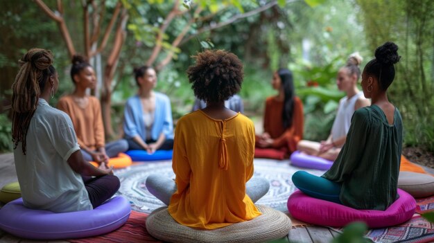 A group of friends sit in a circle on colorful cushions eyes closed as they connect with inner