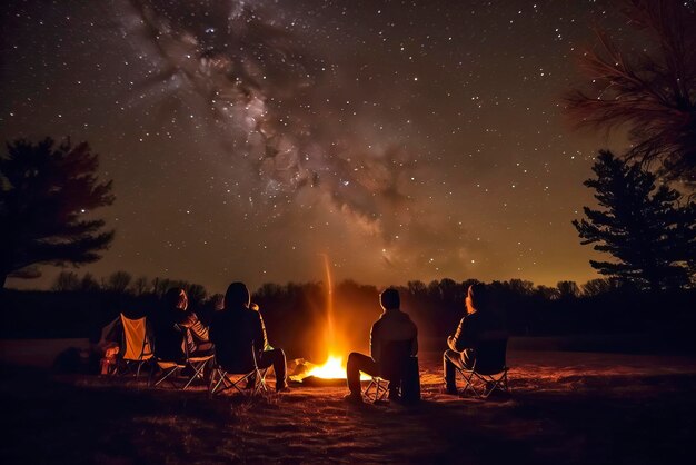 Photo a group of friends sitting around a campfire telling them about life generative ai