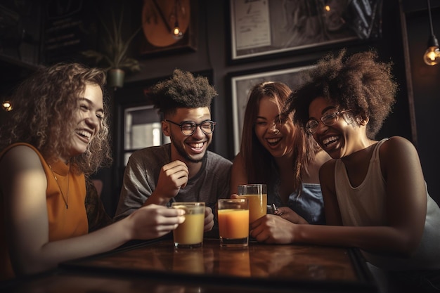 Group of friends sitting around a coffee table laughing and chatting with a variety of fresh juice g