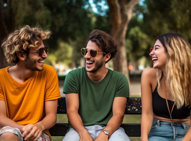 A group of friends sitting on a bench in the park laughing and talking mental health images photorealistic illustration