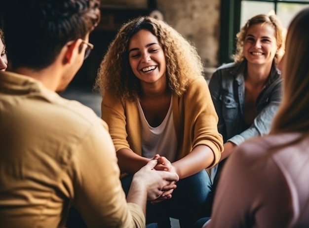 A group of friends sitting in a circle holding hands and talking mental health images photorealistic illustration