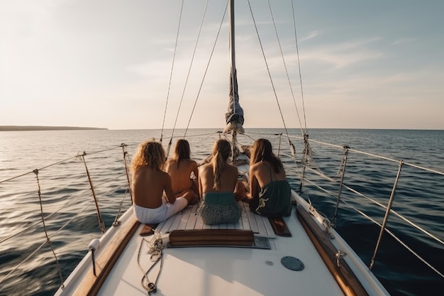 Group of friends sitting on the deck of a sailboat at sunset Friends chilling on a yacht in the ocean full rear view AI Generated