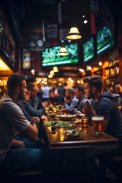 한 무리의 친구 들 이 술집 의 테이블 에 앉아서 큰 화면 에서 축구 를 보고 있다