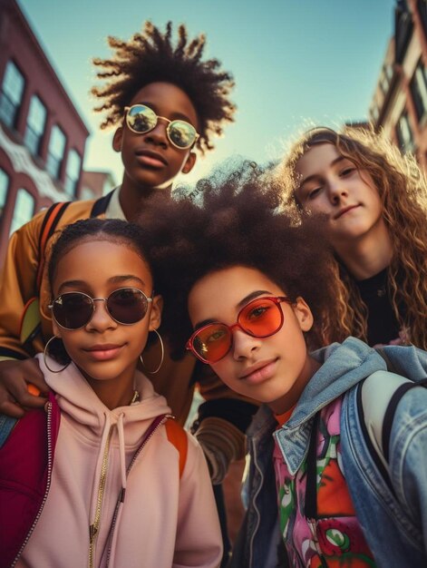 group of friends on a street with sunglasses