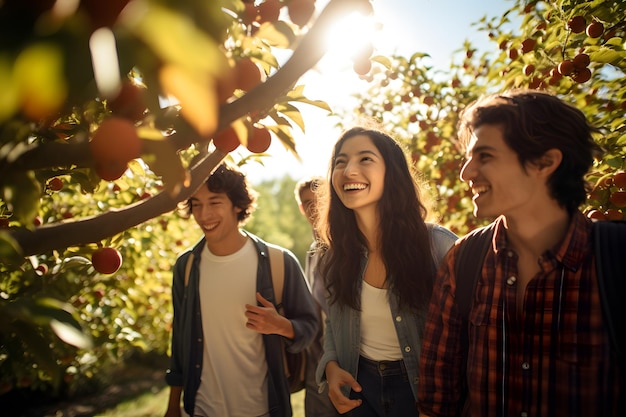 A group of friends strolling through a sunlit orchard enjoying the crisp air and the equinox bounty