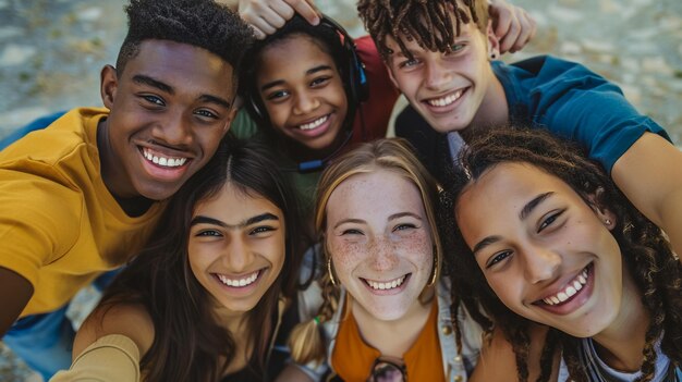 A group of friends take selfie with smiling faces