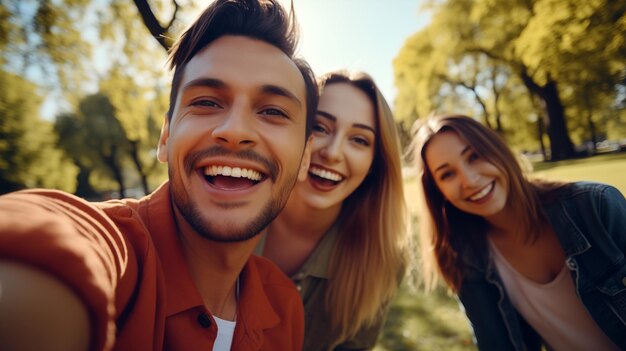 A group of friends taking a selfie in a park