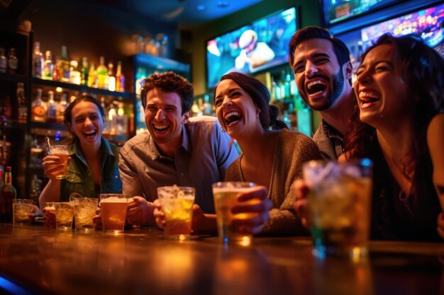 A group of friends toasting and celebrating with their beers in a vibrant well lit bar Generative AI