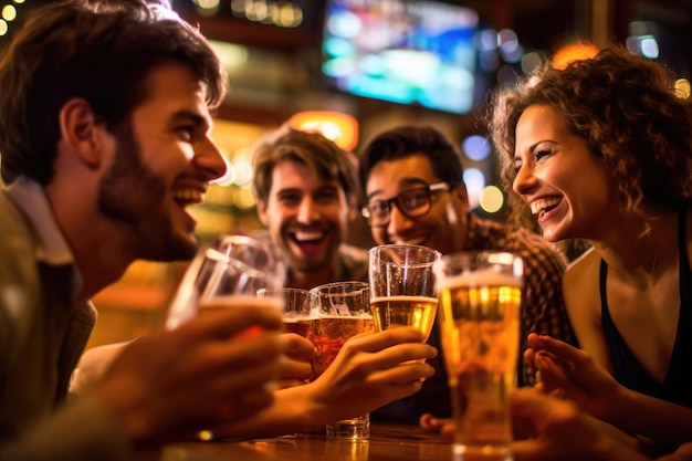 A group of friends toasting and celebrating with their beers in a vibrant well lit bar Generative AI