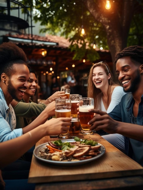 a group of friends toasting with beer at a restaurant